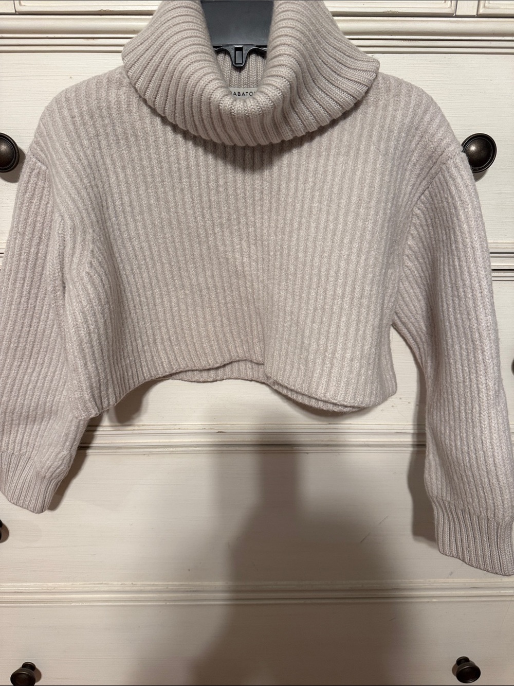 Aritzia/ Babaton Cropped Ribbed Turtleneck Sweater Light Taupe 100% Merino Wool